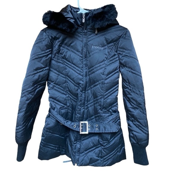 Bebe Black Rabbit Fur Trim with Blended Down Feather Jacket I Size: S - Picture 3 of 12